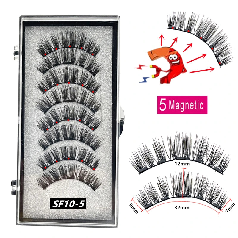 A set of 5 magnetic false eyelashes shown with various lash styles and measurements.