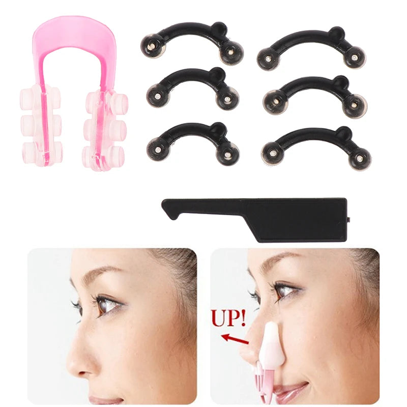 A set of pink and black ergonomic clips used for nose lifting and shaping, shown with close-up application.