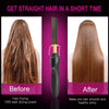 Before and after images showing a hair straightener used to make hair smooth and healthy shiny