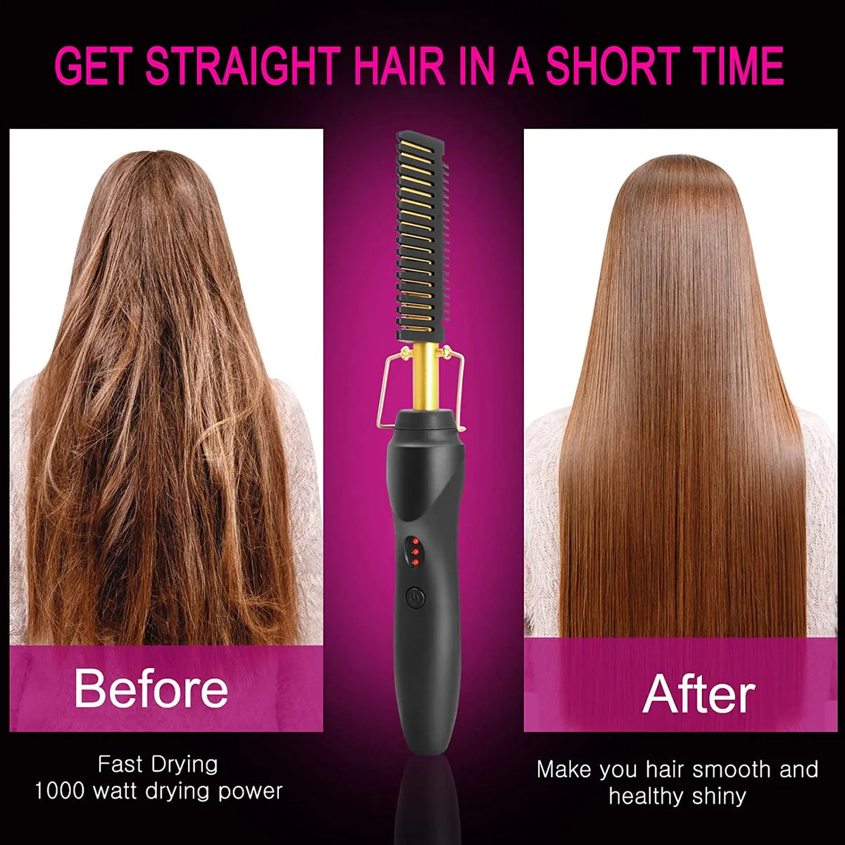 Before and after images showing a hair straightener used to make hair smooth and healthy shiny