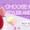 A variety of pink and peach makeup sponge puffs are displayed on a white surface with text encouraging customers to choose mo
