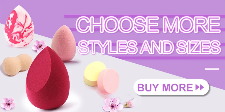 A variety of pink and peach makeup sponge puffs are displayed on a white surface with text encouraging customers to choose mo