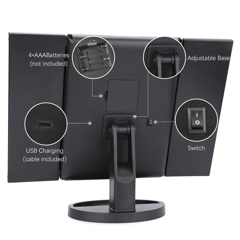 A black LED vanity makeup mirror with an adjustable base, USB charging port, and switch control.