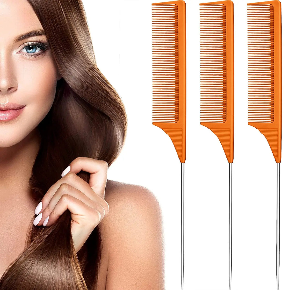 Ein Set aus drei orangefarbenen, professionellen Schwanzhaarkämme neben einem Haar der Frau.