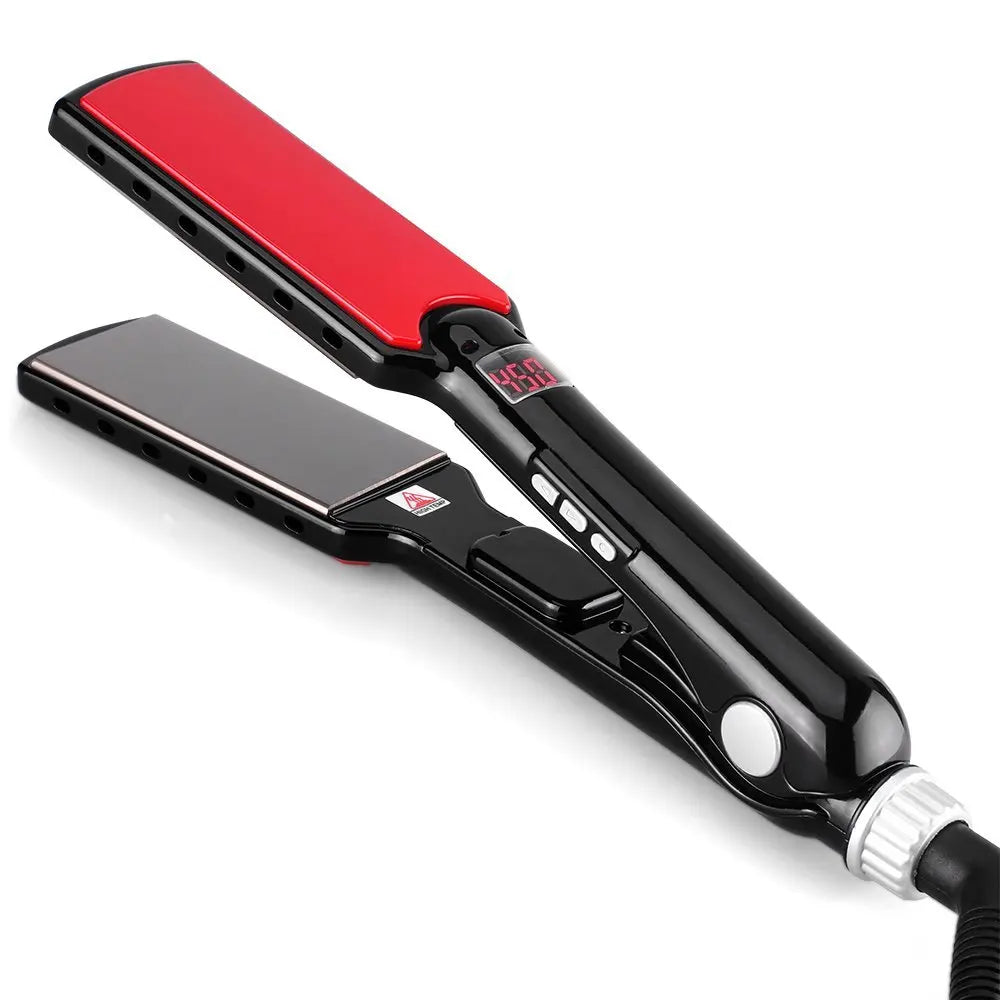 A black and red professional titanium hair straightener with a heated plate is shown.