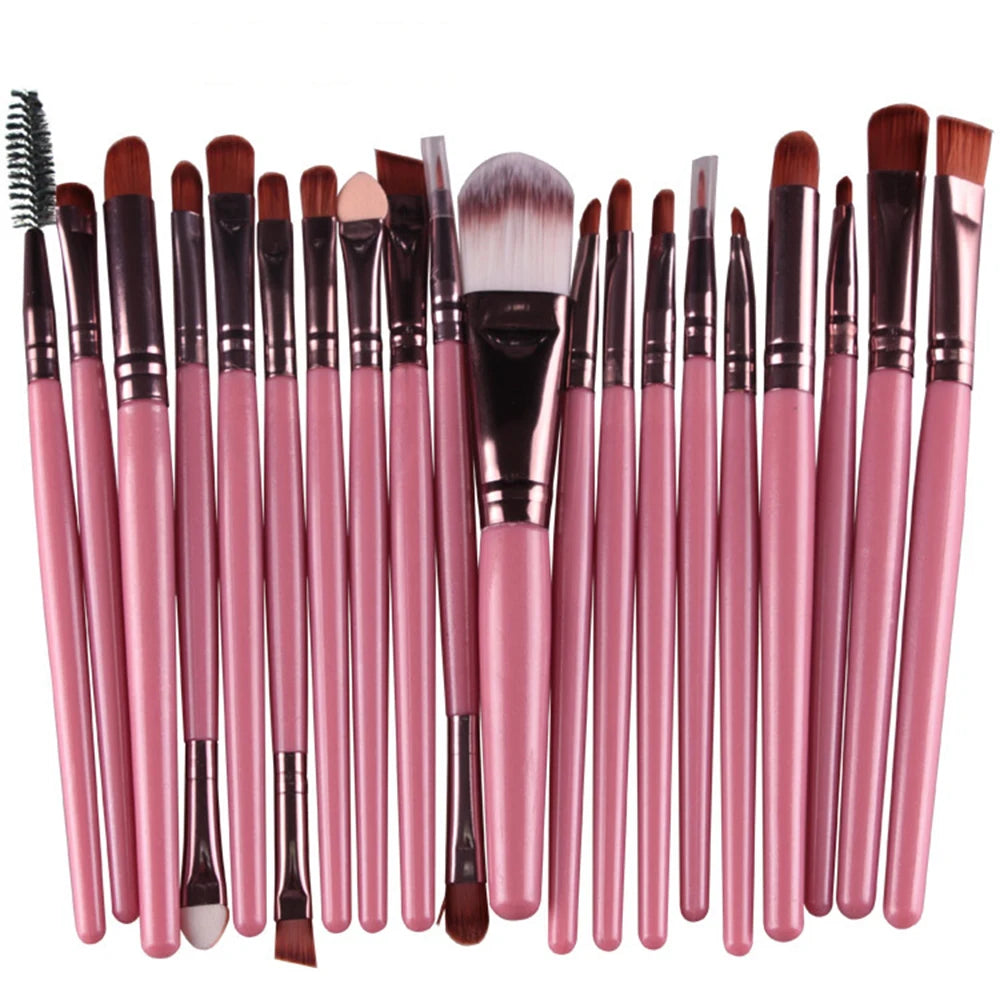 A collection of 20 professional makeup brushes in pink and black shades.