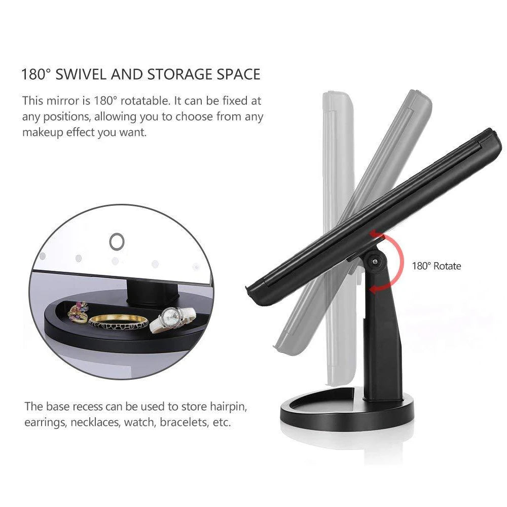 An LED vanity makeup mirror with an adjustable, swivel arm and a base for storing accessories.
