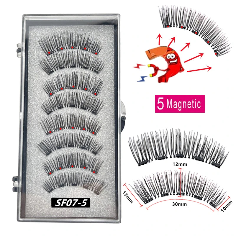 A set of 5 magnetic false eyelashes with varying lengths and styles shown in a clear case.