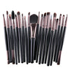 A collection of 20 professional makeup brushes with dark handles and various bristles.