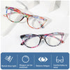 Un par de elegantes gafas de lectura florales anti-luz azul, mostradas desde varios ángulos.