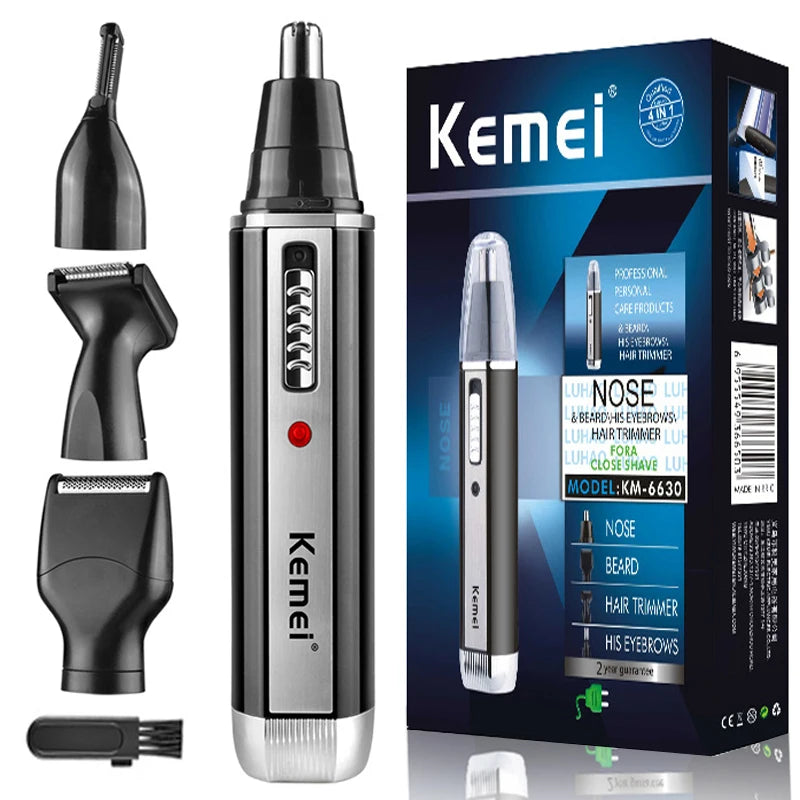 A Kemei 4-in-1 rechargeable trimmer set showing various grooming tools for nose, beard, and eyebrow hair removal.