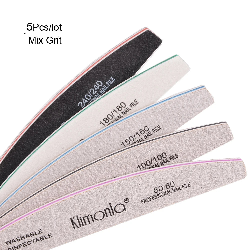 A set of five mixed grit professional nail files with various grits including 240/180, 150/150, 100/100, and 80/80.