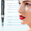 A close-up of a black microneedling device with various facial lines and features labeled for treatment.