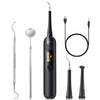 A black electric dental scaling and whitening tool with a long handle and various attachments.