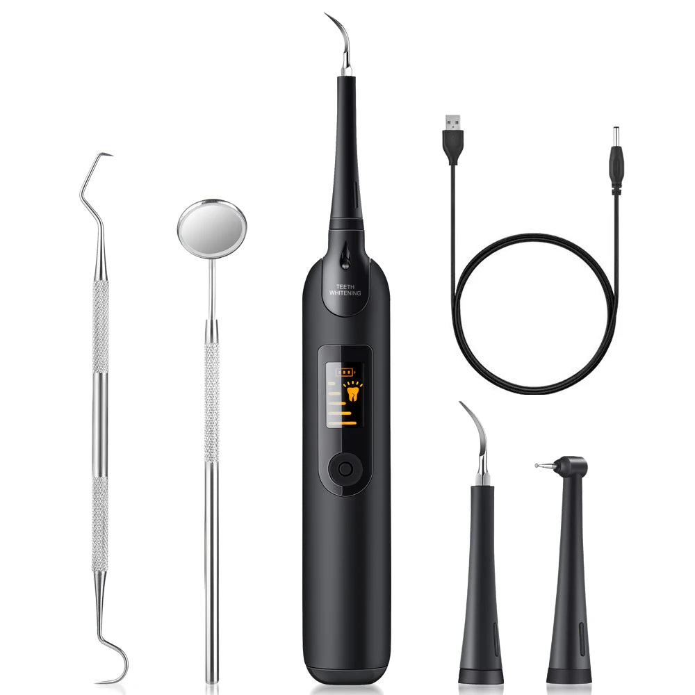 A black electric dental scaling and whitening tool with a long handle and various attachments.