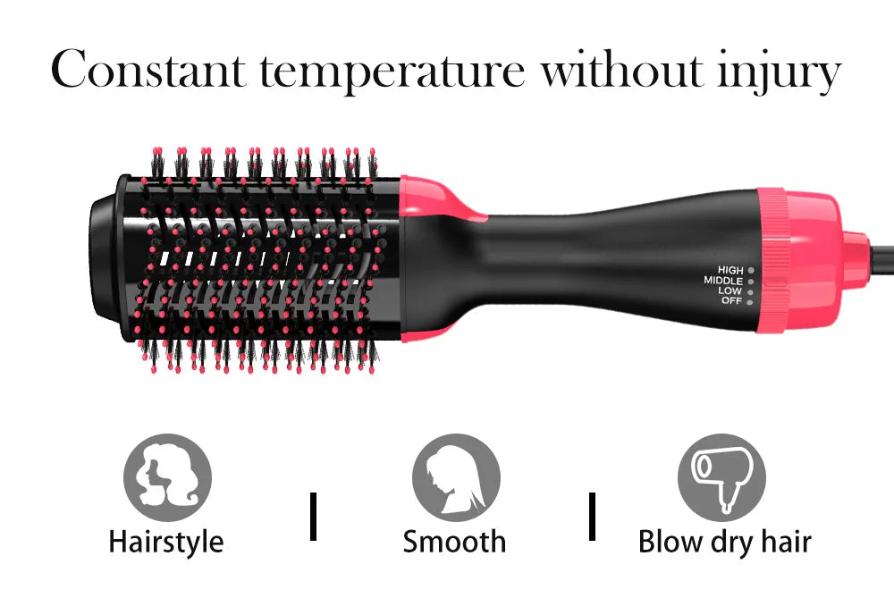 Black hot air brush hair dryer with pink accents shown next to icons for hairstyle, smooth, and blow dry hair.