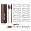 A brown tube of eyebrow powder with matching brushes and various eyebrow stencil guides.