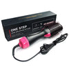 Black hair dryer and styling brush set with a box showing one step instructions