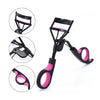 A professional eyelash curler with black and pink replacement pads shown in various angles.