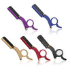 A collection of five professional straight edge barber razors in various colors including purple, blue, red, and black.