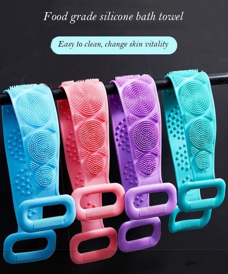 A display of various colored food grade silicone bath towels used for skin care and cleansing.