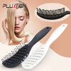 A set of black and white professional multi-function hair styling combs shown next to a woman's face.