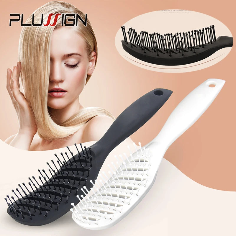 A set of black and white professional multi-function hair styling combs shown next to a woman's face.