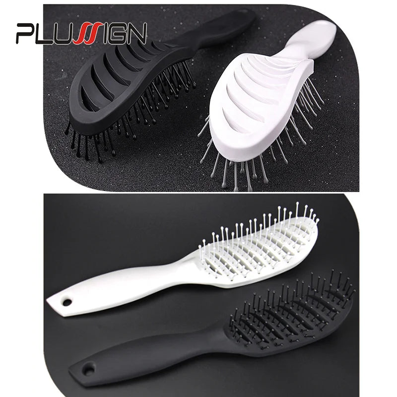 A set of black and white professional multi-function hair styling combs shown against a dark background.