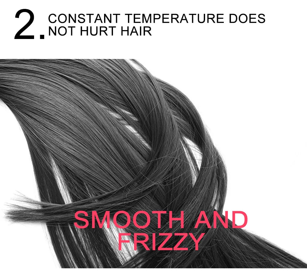 Close-up of smooth, dark hair being styled with a hot air brush dryer.