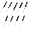 A collection of professional stainless steel hair tail combs shown at various angles.