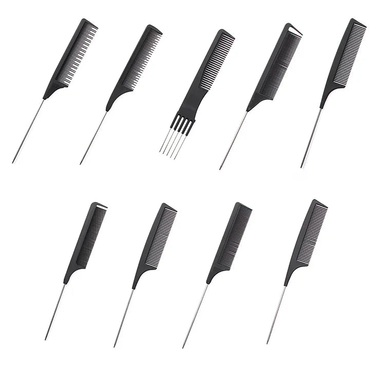 A collection of professional stainless steel hair tail combs shown at various angles.