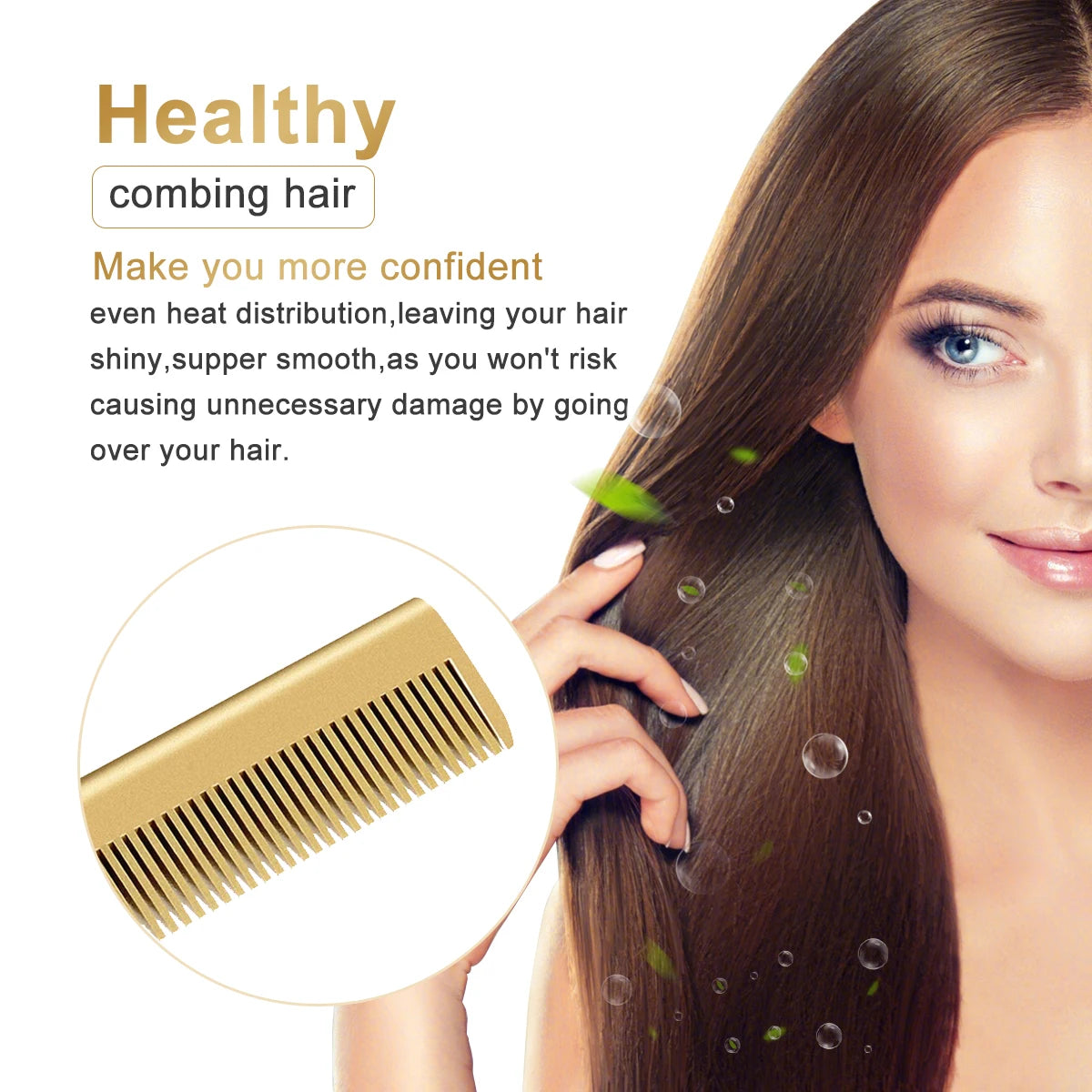 A woman is using a gold-colored brush to style her hair, demonstrating smooth and healthy hair.