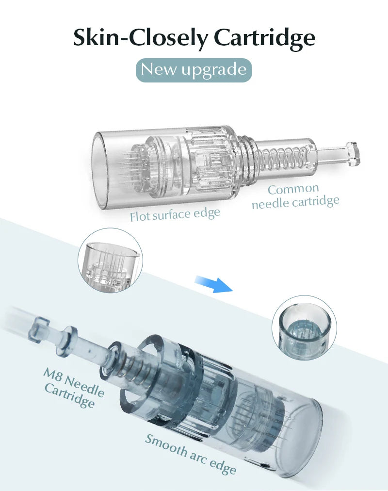 A glass needle cartridge for microneedling, showing a smooth arc edge and a float surface edge.