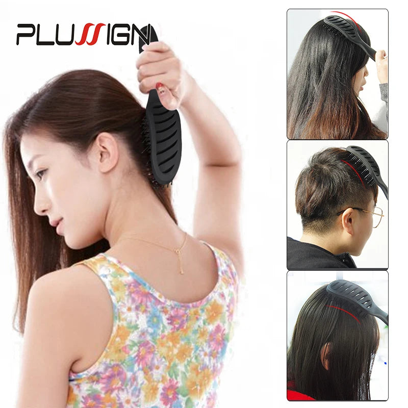 A woman is using a black hair styling comb on her hair, demonstrating the product.