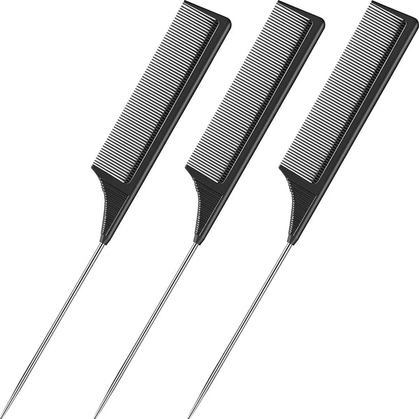 A set of black stainless steel rat tail hair combs with long, thin handles.