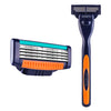 A dark blue grooming tool featuring a precision replacement razor blade head with an orange lubricating strip.