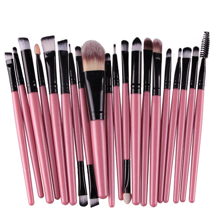 A set of twenty professional makeup brushes in a pink and black color scheme.