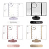 Four color options of an LED vanity makeup mirror with touch control and adjustable magnification shown in various configurat