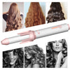 A professional ceramic hair curling iron shown in various shades of brown and black, demonstrating hair styling results.