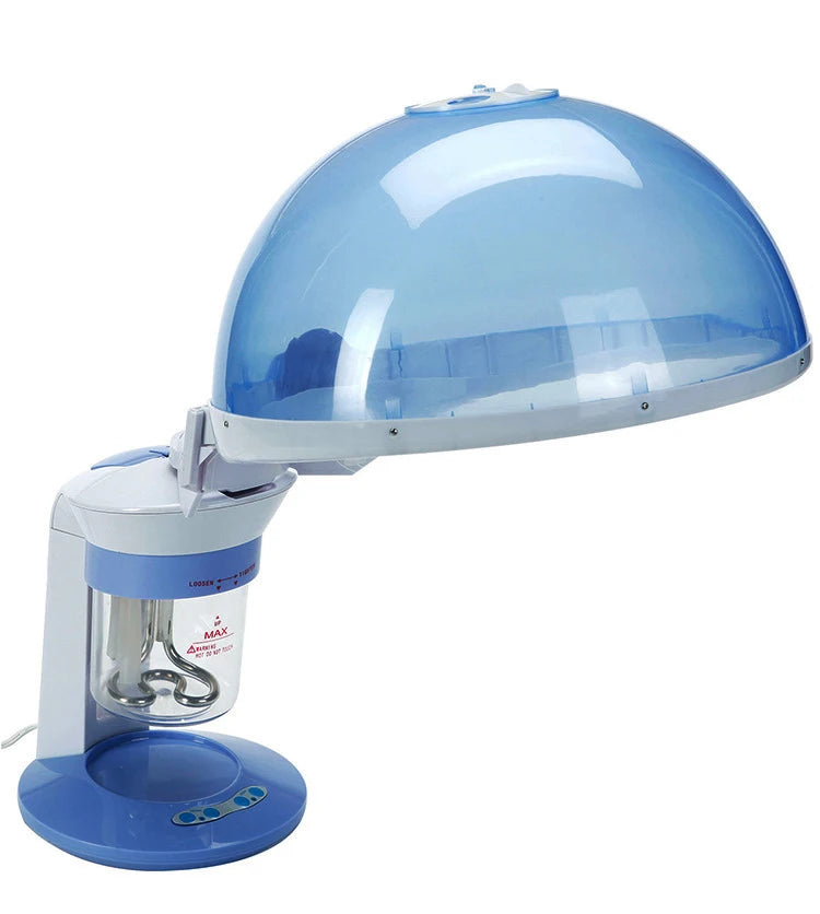 A blue facial and hair steamer device with a dome-shaped head and a base.