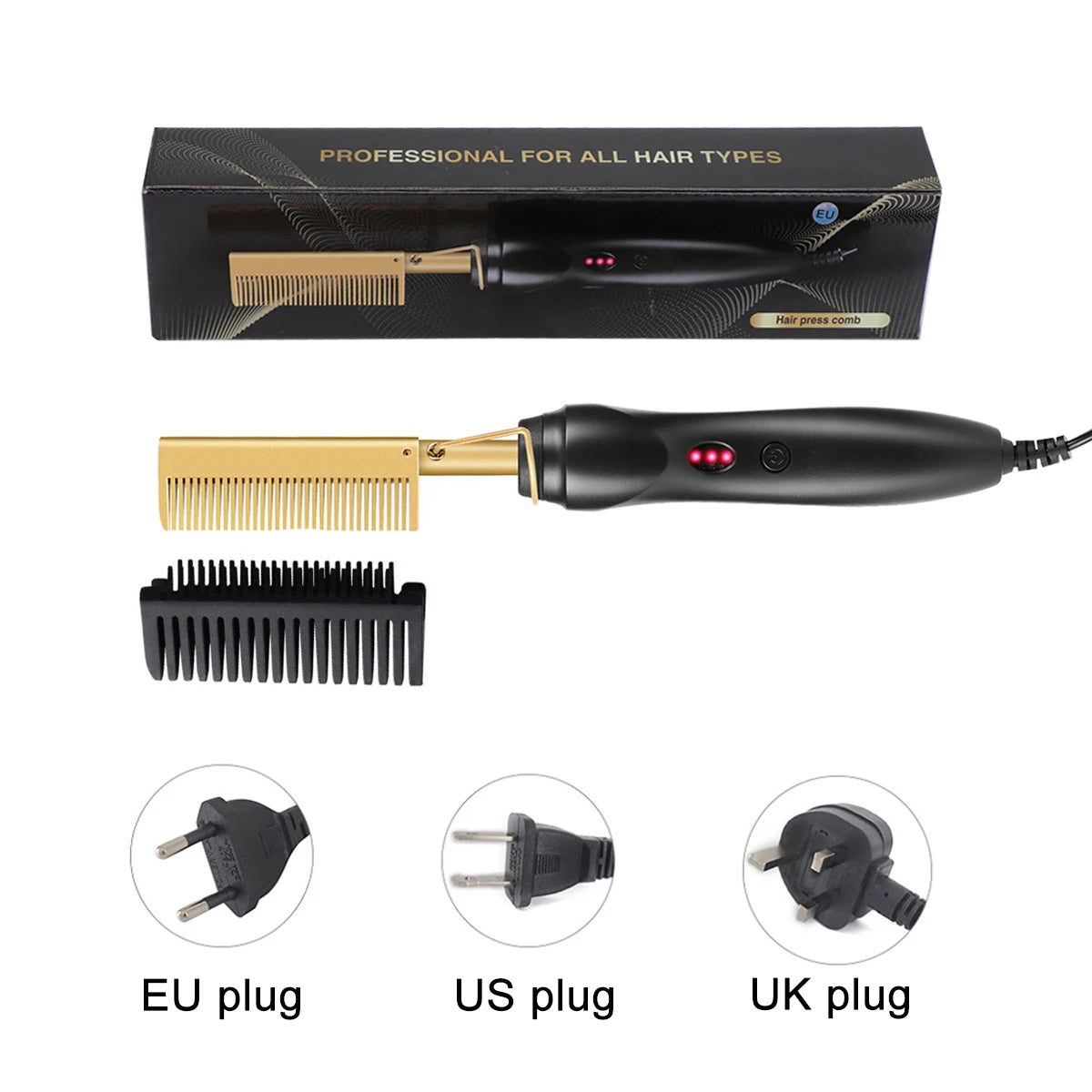 A black and gold 2-in-1 electric hair straightener with separate combs and plugs for EU, US, and UK compatibility.