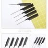 A collection of professional stainless steel hair tail combs displayed on a yellow grid background.