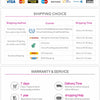 A shopping notice detailing payment, shipping choices, warranty, and customer feedback policies for a product.