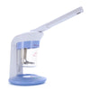 A white 2-in-1 facial and hair steamer device with a blue base and an adjustable wand.