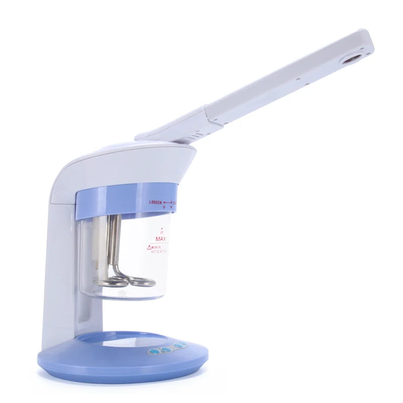 A white 2-in-1 facial and hair steamer device with a blue base and an adjustable wand.