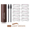 A brown tube of eyebrow powder with a kit containing various eyebrow stencils and brushes.