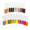 Una colección de botellas de esmalte de uñas con gel UV profesional en varios colores y tonos, dispuestas en fila.