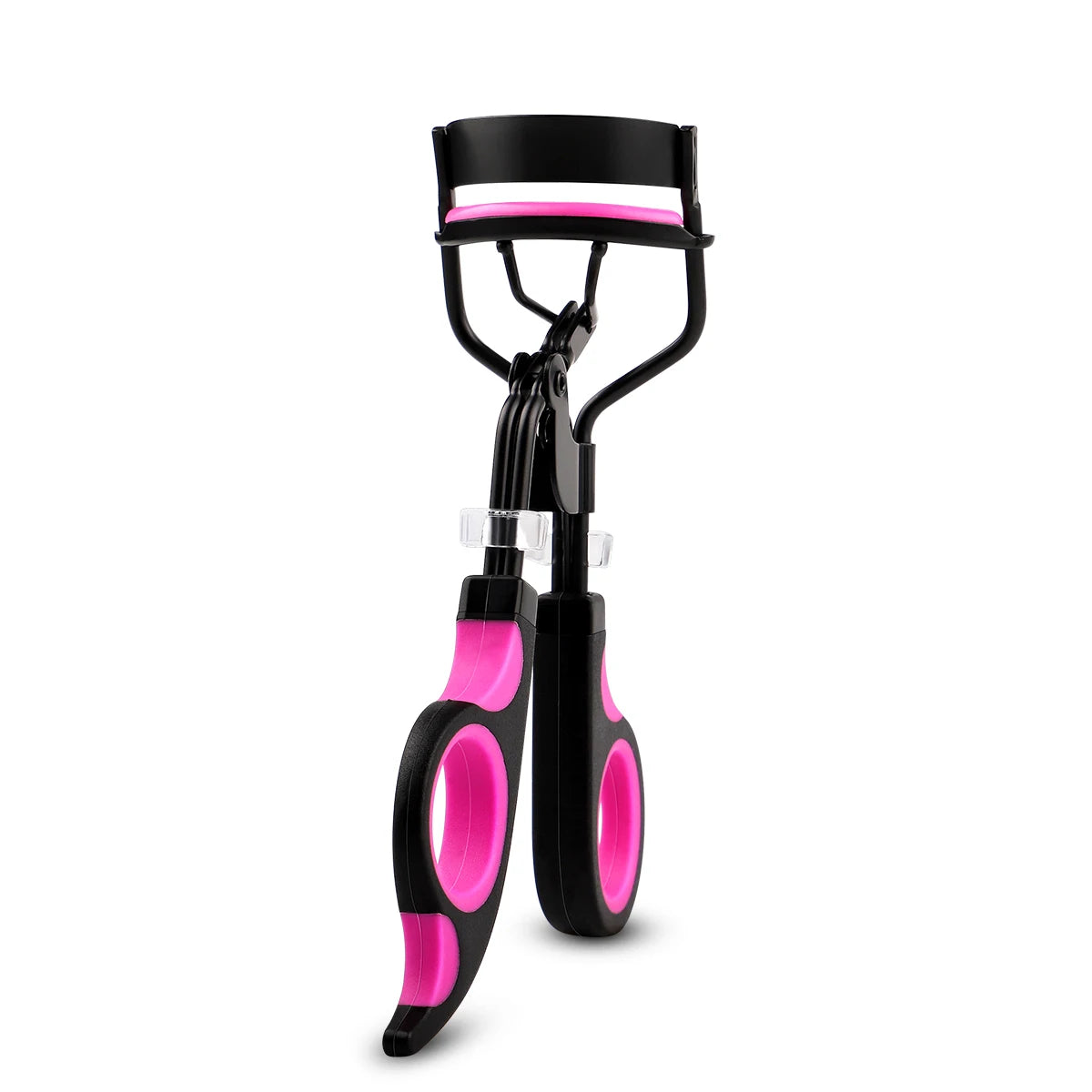 A black professional eyelash curler with pink replacement pads.