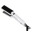 A white professional titanium hair straightener with a black plate and a flexible cord.
