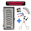 Combination of magnetic false eyelashes and a set of eyelash curlers and applicators.